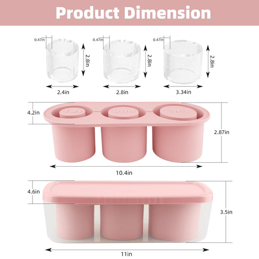 Fu Store Ice Cube Tray for Tumbler Cup 30-40 oz Tumbler 3pcs Silicone Ice Cube Molds With Lid and Bin for Chilling Cocktails Whiskey Drinks Juice Coffee Easy Fill and Release Ice Maker (Pink,40 oz)