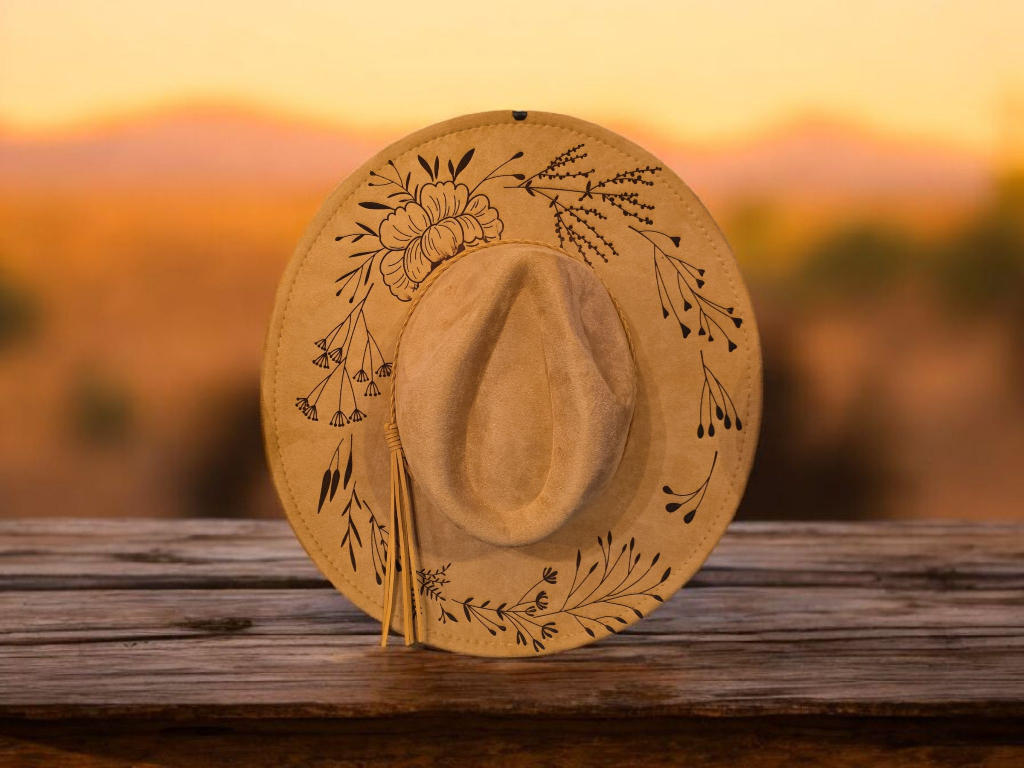 Suede Wide Brim Hat - Floral 1