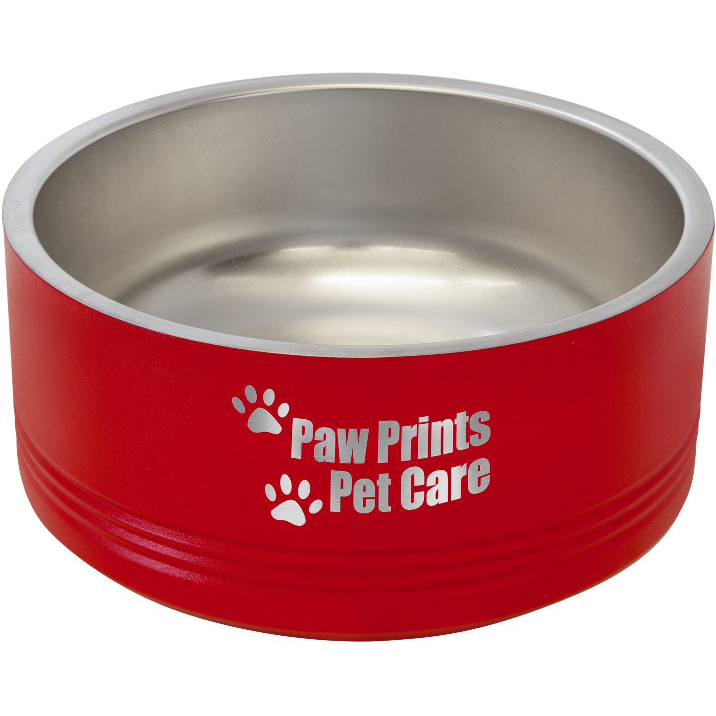 a red dog bowl with paw prints on it