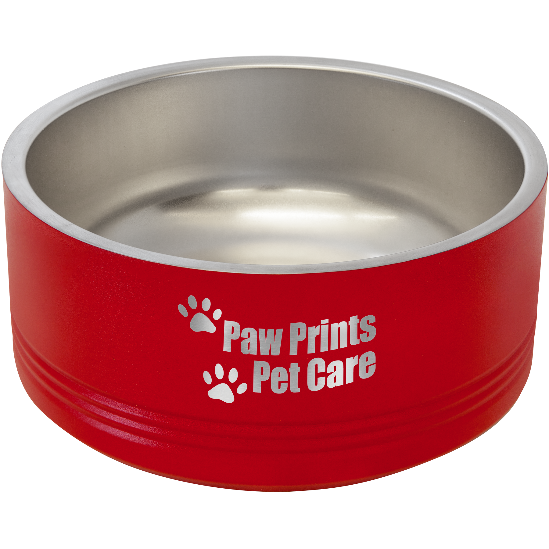 a red dog bowl with paw prints on it