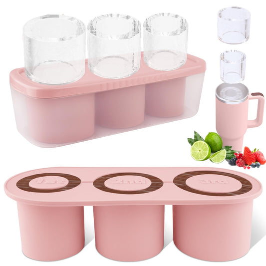 Fu Store Ice Cube Tray for Tumbler Cup 30-40 oz Tumbler 3pcs Silicone Ice Cube Molds With Lid and Bin for Chilling Cocktails Whiskey Drinks Juice Coffee Easy Fill and Release Ice Maker (Pink，40 oz)