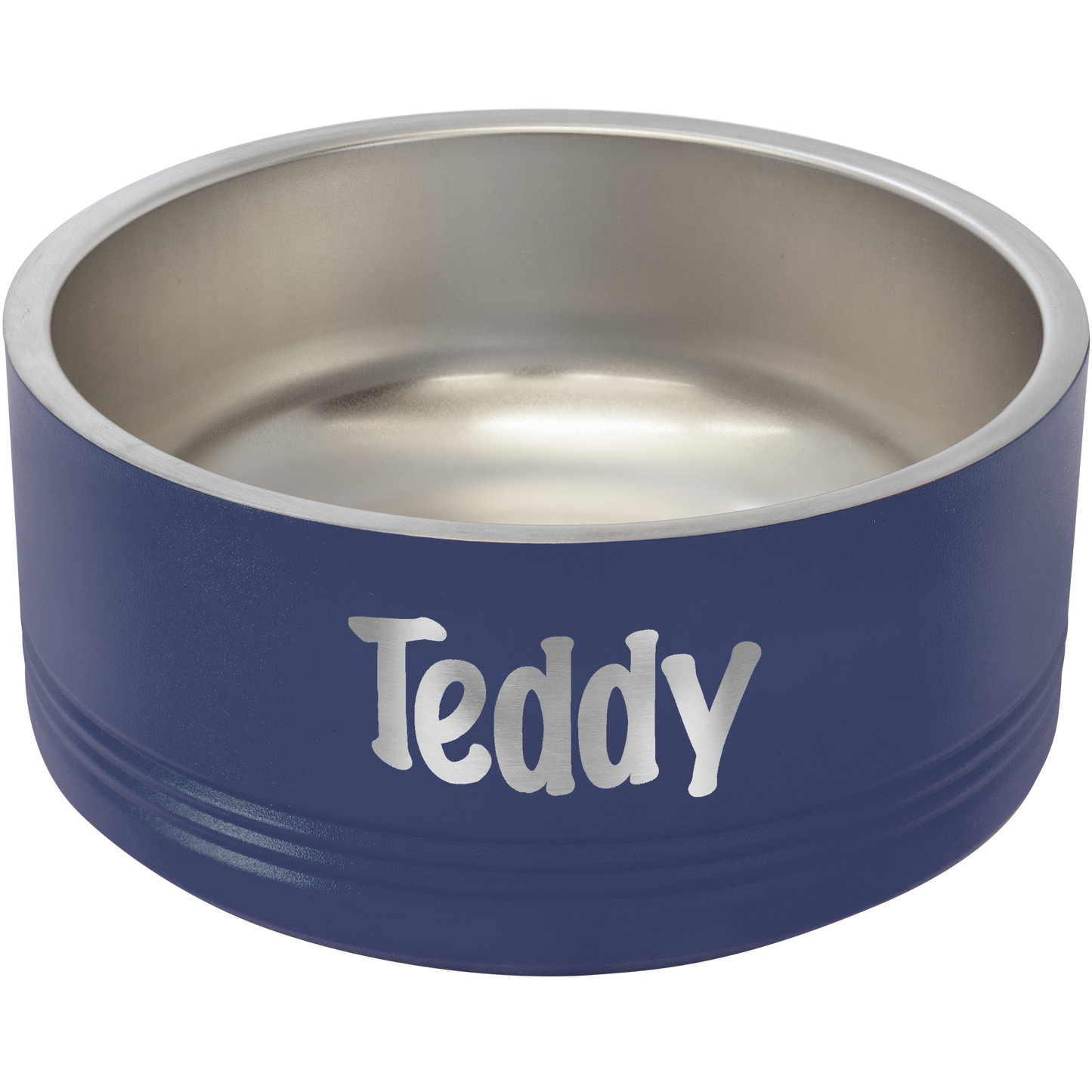 a blue bowl with the word teddy on it