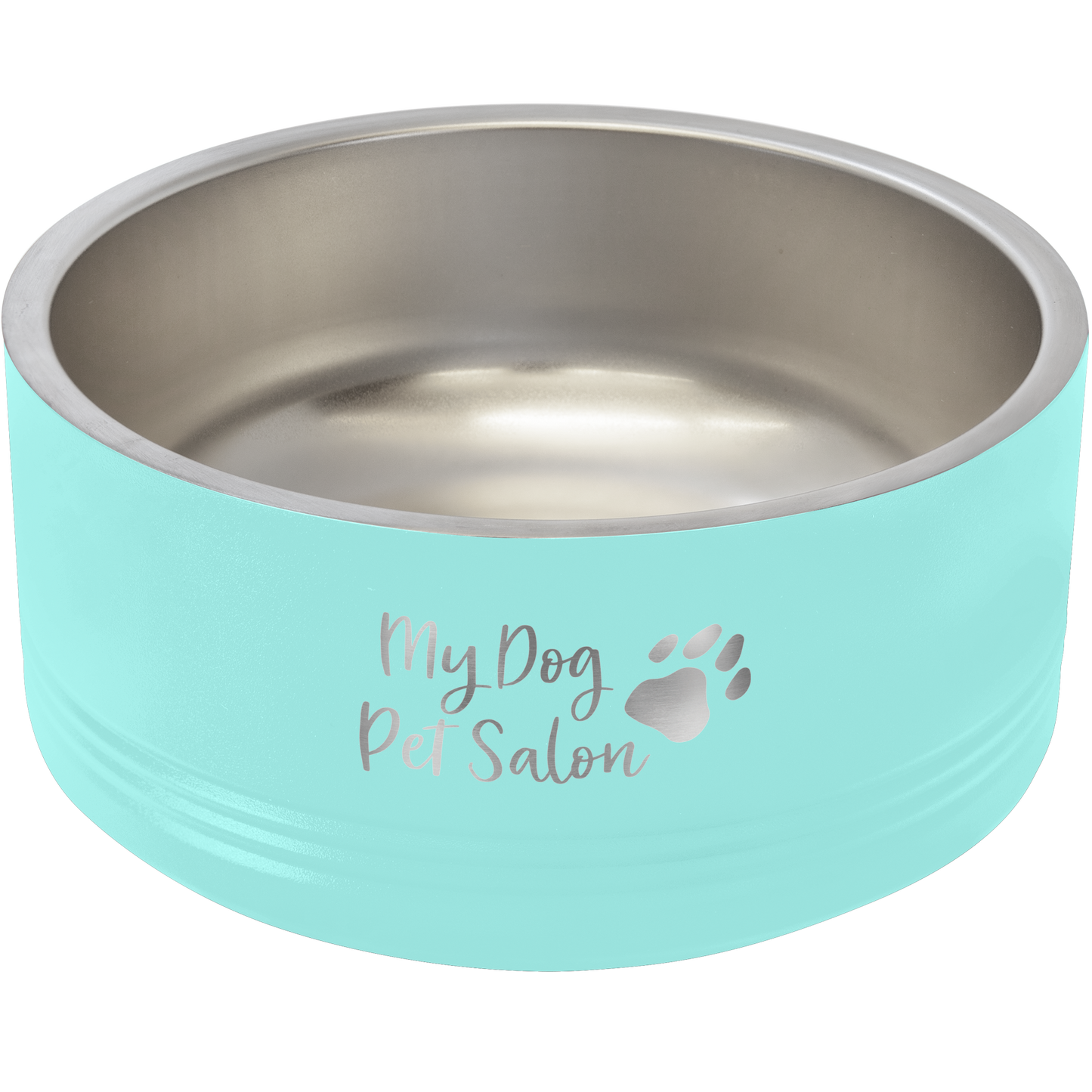 a blue dog bowl with a paw print on it