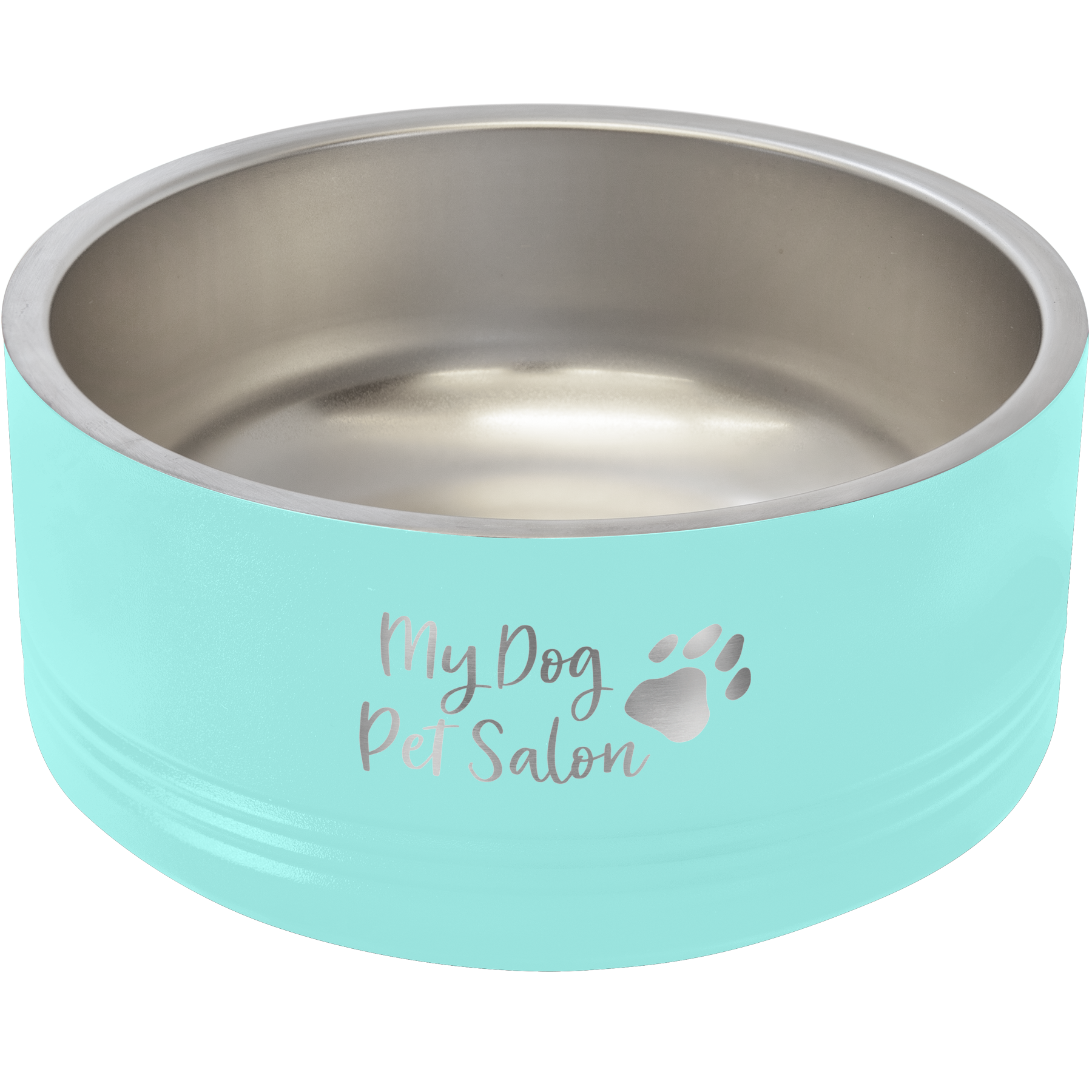 a blue dog bowl with a paw print on it