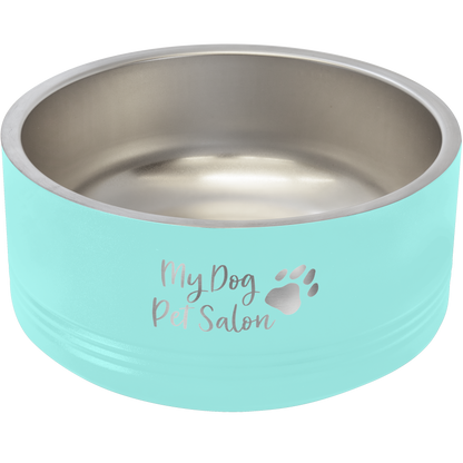 a blue dog bowl with a paw print on it