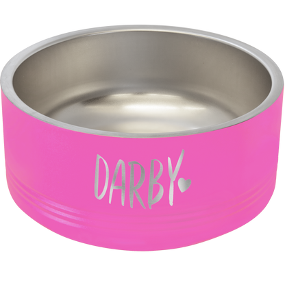 a pink dog bowl with the word dark on it