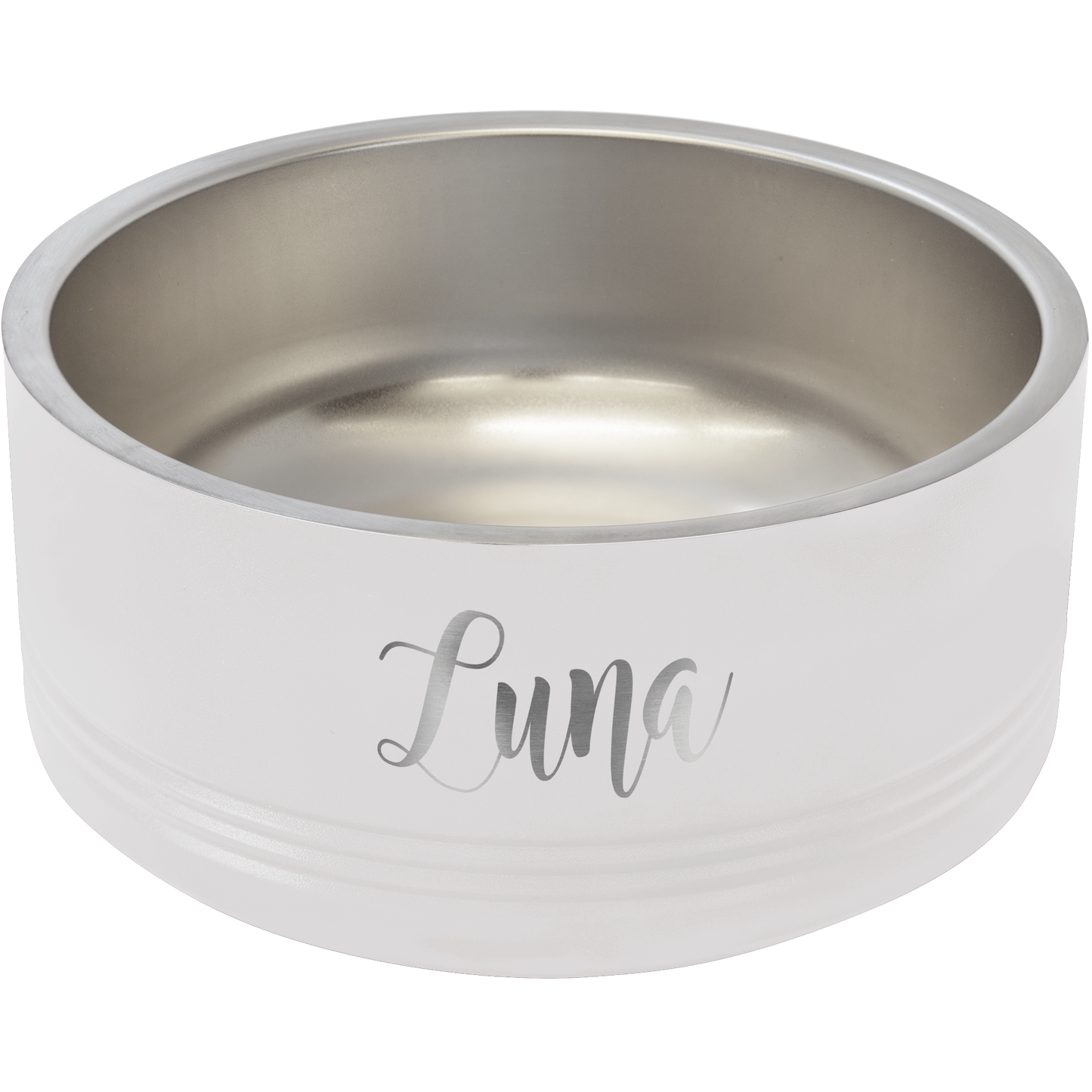 a white dog bowl with the word luma written on it