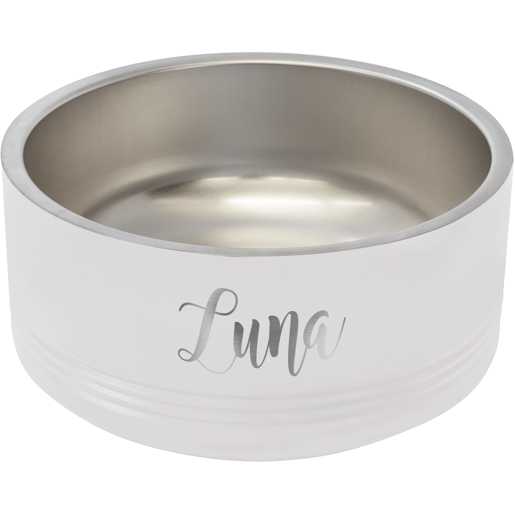 a white dog bowl with the word luma written on it