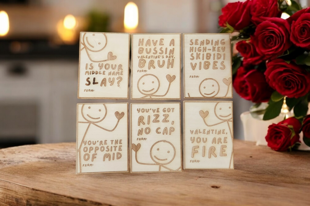 Laser-Cut Wooden Slang Kids Valentine's Cards